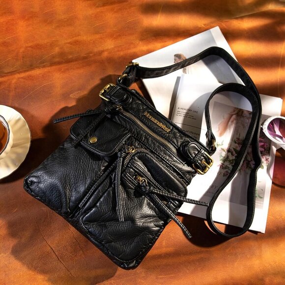 Crossbody Bag for Women Soft Washed Leather Multi Pocket crossbody handbags - Picture 2 of 6